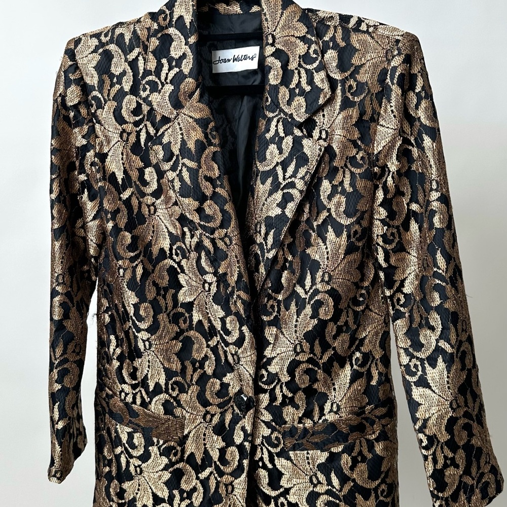VINTAGE 80s JOAN WALTERS Black & Gold Lace Tailored Blazer Jacket Size-S